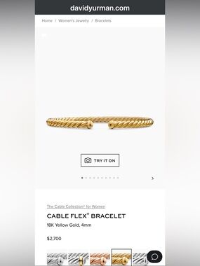 David Yurman 18k yellow gold Cable Flex bracelet, 4mm 6.5-7 inch size